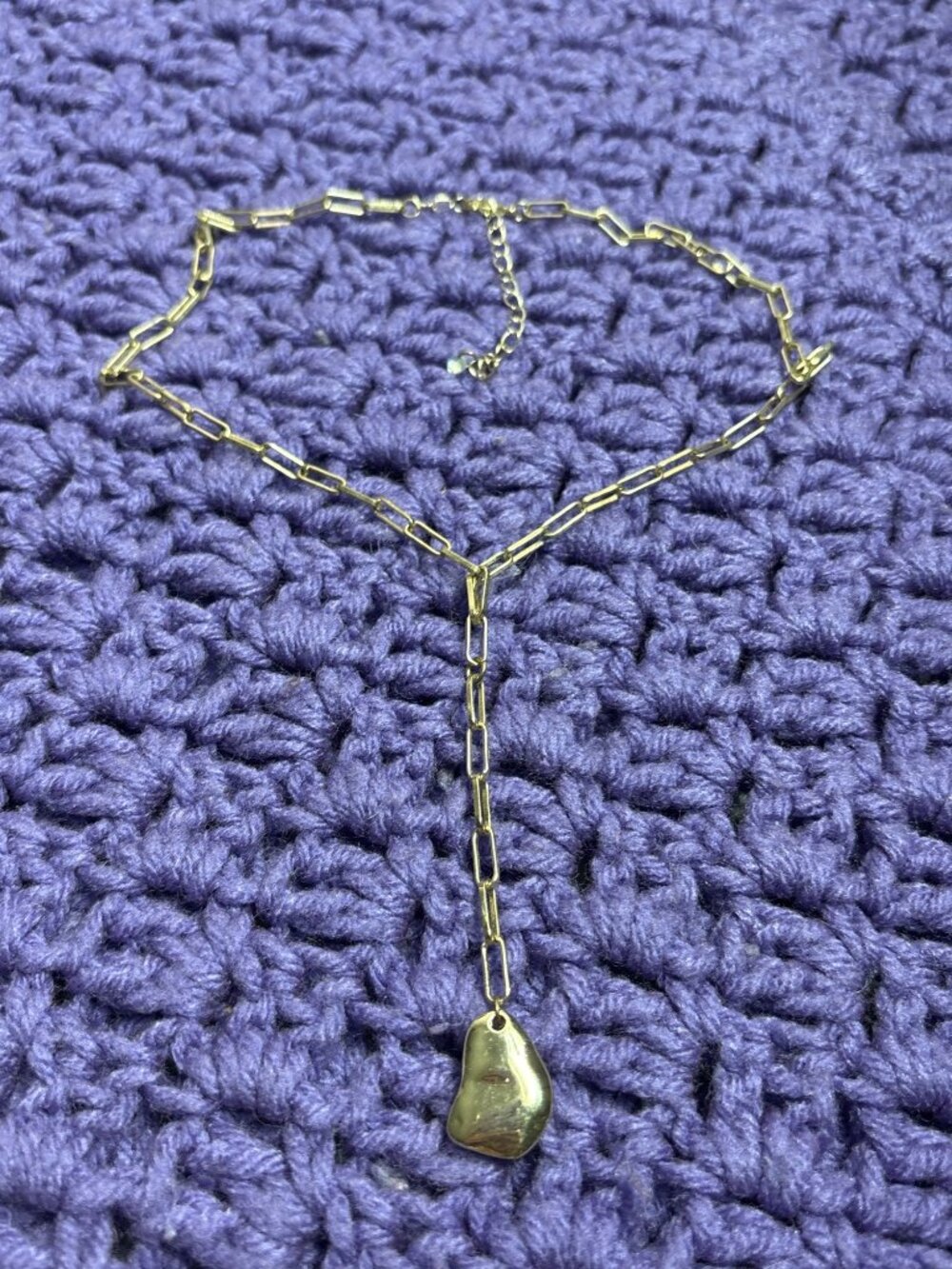 Goldtone Paperclip Chain Y Necklace Abstract Pendant 18 - 20 inches Long